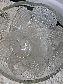 CRYSTAL GLASS Punch BOWL 4 Hobstars SAWTOOTH 12 cups VTG AMERICAN BRILLIANT
