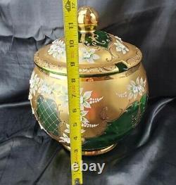 CZECH BOHEMIAN MADESK GOLD ENAMELED Emerald Green CRYSTAL GLASS Punch Bowl 12