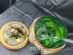 CZECH BOHEMIAN MADESK GOLD ENAMELED Emerald Green CRYSTAL GLASS Punch Bowl 12