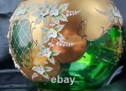 CZECH BOHEMIAN MADESK GOLD ENAMELED Emerald Green CRYSTAL GLASS Punch Bowl 12