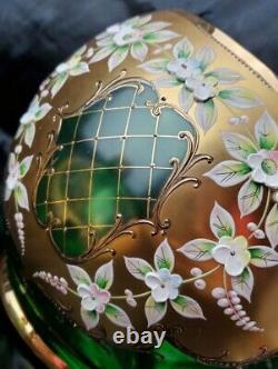 CZECH BOHEMIAN MADESK GOLD ENAMELED Emerald Green CRYSTAL GLASS Punch Bowl 12
