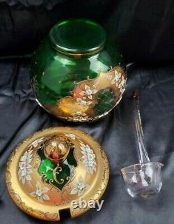CZECH BOHEMIAN MADESK GOLD ENAMELED Emerald Green CRYSTAL GLASS Punch Bowl 12