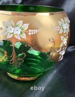 CZECH BOHEMIAN MADESK GOLD ENAMELED Emerald Green CRYSTAL GLASS Punch Bowl 12