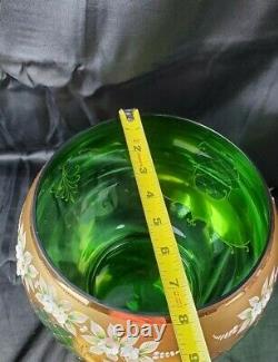 CZECH BOHEMIAN MADESK GOLD ENAMELED Emerald Green CRYSTAL GLASS Punch Bowl 12