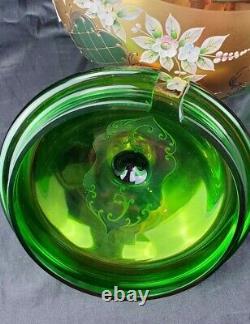 CZECH BOHEMIAN MADESK GOLD ENAMELED Emerald Green CRYSTAL GLASS Punch Bowl 12