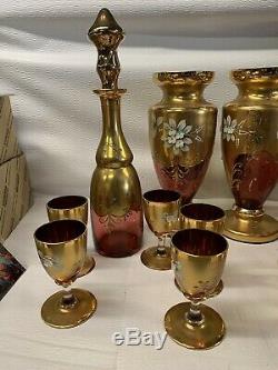 CZECH BOHEMIAN MOSER RAISED ENAMEL Ruby Red 3D Floral Gold Punch Bowl Vase Wine