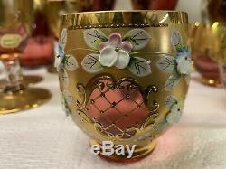 CZECH BOHEMIAN MOSER RAISED ENAMEL Ruby Red 3D Floral Gold Punch Bowl Vase Wine