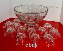 Cambridge Clear Glass TALLY HO Punch Bowl Set Horizontal Rings Bands 14-pc