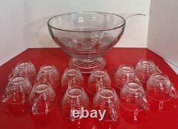 Cambridge Clear Glass TALLY HO Punch Bowl Set Horizontal Rings Bands 14-pc