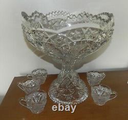 Cambridge EAPG Near Cut Glass 2660 Wheat Sheaf Punch Bowl Set Pressed Pattern