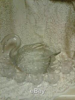 Cambridge Glass Large swan punch bowl9 cups and glass ladle