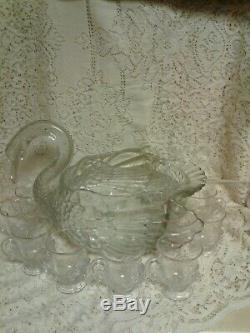 Cambridge Glass Large swan punch bowl9 cups and glass ladle