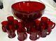 Cambridge USA Tally Ho Carmen Red Punch Bowl & 12 Mugs / Cups Elegant Glass
