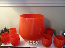 Carlo Moretti Murano Cased Glass Tango Style Red Orange Cased Punch Bowl Set