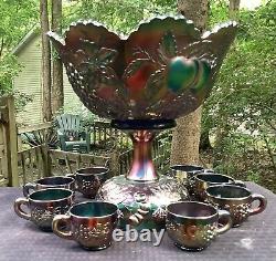 Carnival Amazing Blue Dugan Many Fruits 10 Pc. Punch Bowl & Base Scarce Color