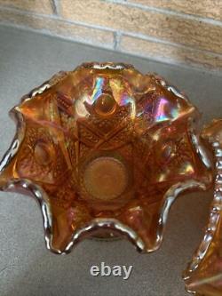 Carnival Glass Imperial Marigold Hobstar Punch Bowl With Stand Fruit Bowl