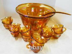 Carnival Glass Iridescent Grape Pattern Punch Bowl Set With Ladle 12 Cups