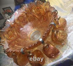 Carnival Glass Marigold Whirling Star Pattern Punch Bowl With 12 Cups 1951