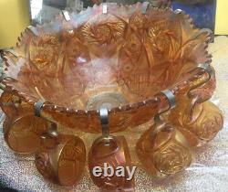 Carnival Glass Marigold Whirling Star Pattern Punch Bowl With 12 Cups 1951