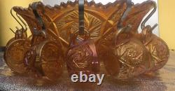 Carnival Glass Marigold Whirling Star Pattern Punch Bowl With 12 Cups 1951