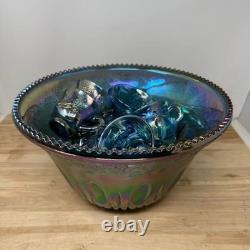 Carnival Glass Punch Bowl Set Blue Iridescent Grape Pattern Glassware 13 Pc