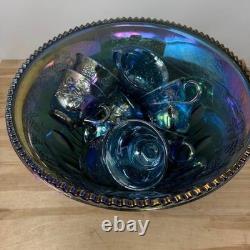 Carnival Glass Punch Bowl Set Blue Iridescent Grape Pattern Glassware 13 Pc