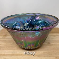 Carnival Glass Punch Bowl Set Blue Iridescent Grape Pattern Glassware 13 Pc
