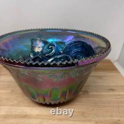Carnival Glass Punch Bowl Set Blue Iridescent Grape Pattern Glassware 13 Pc