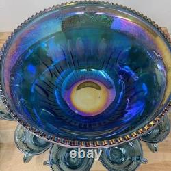 Carnival Glass Punch Bowl Set Blue Iridescent Grape Pattern Glassware 13 Pc