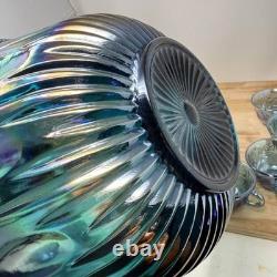 Carnival Glass Punch Bowl Set Blue Iridescent Grape Pattern Glassware 13 Pc