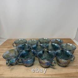 Carnival Glass Punch Bowl Set Blue Iridescent Grape Pattern Glassware 13 Pc