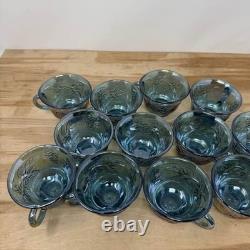 Carnival Glass Punch Bowl Set Blue Iridescent Grape Pattern Glassware 13 Pc