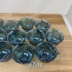 Carnival Glass Punch Bowl Set Blue Iridescent Grape Pattern Glassware 13 Pc