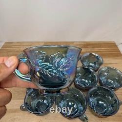 Carnival Glass Punch Bowl Set Blue Iridescent Grape Pattern Glassware 13 Pc
