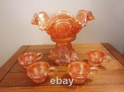 Carnival Glass Wine Punch Bowl On Stand With Cups By Imperial Glass Ohio heavy