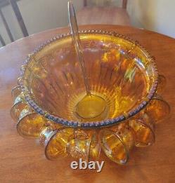 Carnival Indiana Glass Punch Bowl 12 Cups Iridescent Gold Vintage hooks ladle