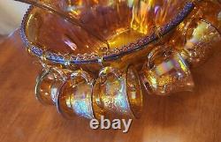 Carnival Indiana Glass Punch Bowl 12 Cups Iridescent Gold Vintage hooks ladle