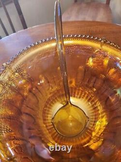 Carnival Indiana Glass Punch Bowl 12 Cups Iridescent Gold Vintage hooks ladle
