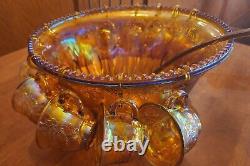 Carnival Indiana Glass Punch Bowl 12 Cups Iridescent Gold Vintage hooks ladle