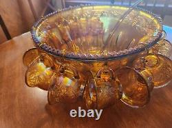 Carnival Indiana Glass Punch Bowl 12 Cups Iridescent Gold Vintage hooks ladle