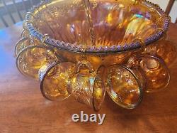 Carnival Indiana Glass Punch Bowl 12 Cups Iridescent Gold Vintage hooks ladle