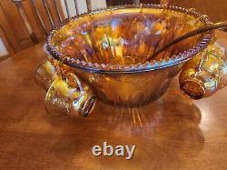 Carnival Indiana Glass Punch Bowl 12 Cups Iridescent Gold Vintage hooks ladle