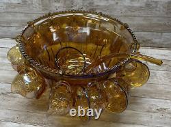 Carnival Indiana Glass Punch Bowl and 12 Cups Set Iridescent Gold Vtg READ