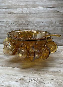 Carnival Indiana Glass Punch Bowl and 12 Cups Set Iridescent Gold Vtg READ