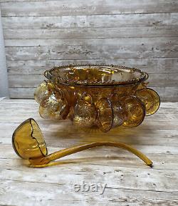 Carnival Indiana Glass Punch Bowl and 12 Cups Set Iridescent Gold Vtg READ