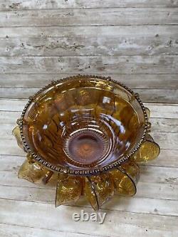 Carnival Indiana Glass Punch Bowl and 12 Cups Set Iridescent Gold Vtg READ