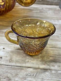 Carnival Indiana Glass Punch Bowl and 12 Cups Set Iridescent Gold Vtg READ