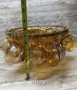 Carnival Indiana Glass Punch Bowl and 12 Cups Set Iridescent Gold Vtg READ