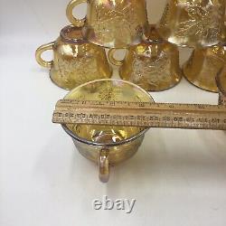 Carnival Indiana Glass Punch Bowl and 12 Cups Set Iridescent Gold Vtg W Box