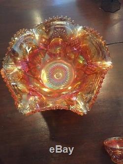Carnival glass orange punch bowl and 8 matching Cups